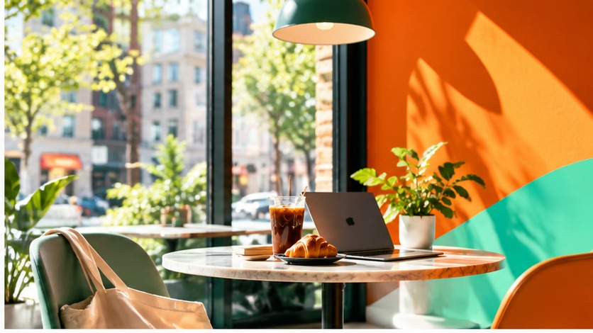 Bright city café workspace